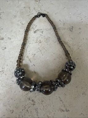 EUC BANANA REPUBLIC Smoky Beaded Necklace Gunmetal black grey clear crystal